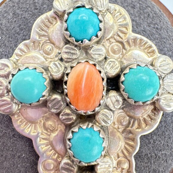 VTG James Shay Navajo Turquoise Coral Concho Design Cross Sterling Silver 925 2" - Picture 4 of 11